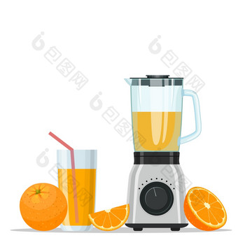 水果汁压榨机搅拌机厨房设备橙色汁玻璃和水果孤立的白色背景向量插图平风格水果汁压榨机搅拌机厨房设备橙色汁玻璃和水果图片
