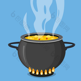 烹饪汤锅能炉子与蒸汽向量插图平风格烹饪汤锅能炉子与蒸汽图片