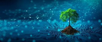 树与土壤日益增长的的收敛点电脑电路董事会蓝色的光和低聚线框网络<strong>背景</strong>绿色计算绿色技术绿色企业社会责任和<strong>道德</strong>概念