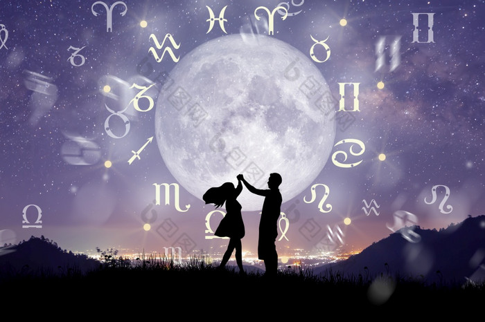 占星星座迹象内部星座圆夫妇唱歌和跳舞在的星座轮和乳白色的道路背景的权力的宇宙概念