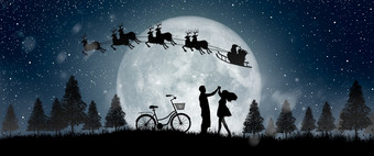 轮廓圣诞老人老人得到移动骑他们的驯鹿在完整的月亮晚上圣诞节享受夫妇跳舞下的完整的月亮