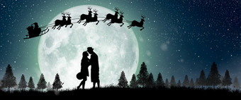 轮廓圣诞老人老人得到移动骑他们的驯鹿在完整的月亮晚上圣诞节享受夫妇跳舞下的完整的月亮