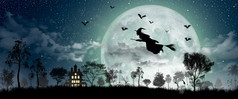 万圣节轮廓女巫飞行在的完整的月亮闹鬼房子蝙蝠和死树