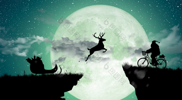 欢迎快乐圣诞节和快乐新一年轮廓鹿跳在的差距圣诞老人老人自行车与完整的月亮背景