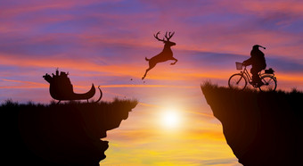 欢迎快乐圣诞节和快乐新一年轮廓鹿跳在的差距圣诞老人老人与日落和《暮光之城》天空背景