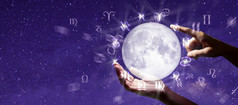 占星星座迹象在的月亮手知识的星星的天空的权力的宇宙概念