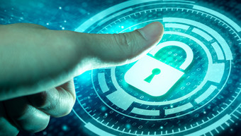 商人手指扫描识别访问数据保护网络安全隐私挂锁图标网络保护与防火墙安全访问为在线隐私和个人数据保护