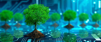 树与土壤日益增长的的收敛点电脑电路董事会蓝色的光和线框网络背景绿色计算绿色技术绿色企业社会责任和道德概念