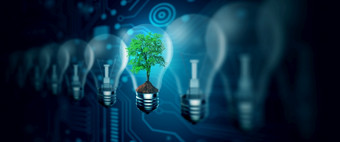 光灯泡对自然与数字收敛和技术背景生态能源环境绿色技术和道德概念