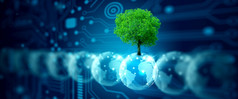 水晶球与树对自然与数字收敛和技术背景生态能源环境绿色技术和道德概念