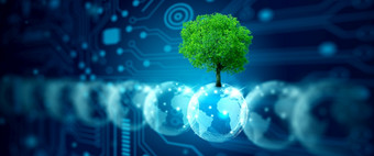水晶球与树对自然与数字收敛和技术<strong>背景</strong>生态能源环境绿色技术和<strong>道德</strong>概念