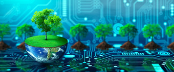 树日益增长的一半地球与绿色草和蝴蝶数字和技术收敛绿色计算绿色技术绿色企业社会责任和道德概念图像有家具的已开启