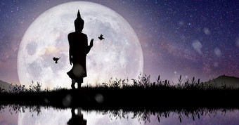 轮廓佛<strong>调解</strong>与完整的月亮光晚上马加崇拜阿桑哈崇拜和维沙卡崇拜一天佛教假期概念