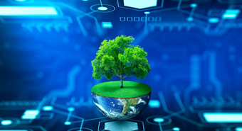 树一半地球和绿色草与摘要背景技术收敛环境技术绿色计算绿色技术道德和企业社会责任概念图像有家具的已开启