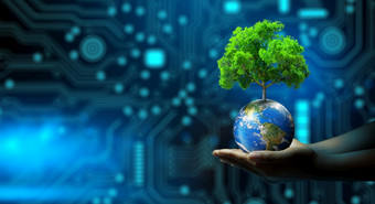 男人。手持有树地球与技术收敛蓝色的背景绿色计算企业社会责任道德自然技术交互和环境友好的元素有家具的已开启