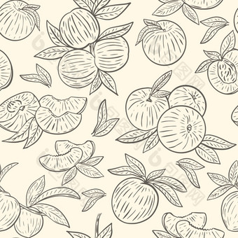 无缝的模式与桃子向量草图整个桃子半分支和片连续背景与水果手画雕刻无缝的模式与桃子向量草图
