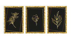集黄金帧植物图案集合豪华的闪亮的金轮圈与叶子和花墙装饰孤立的向量插图集黄金帧植物图案