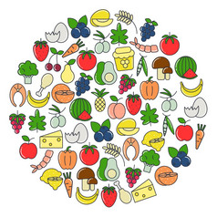 圆健康的有机食物概念轮作文水果和蔬菜图标营养模板孤立的向量插图圆健康的有机食物概念