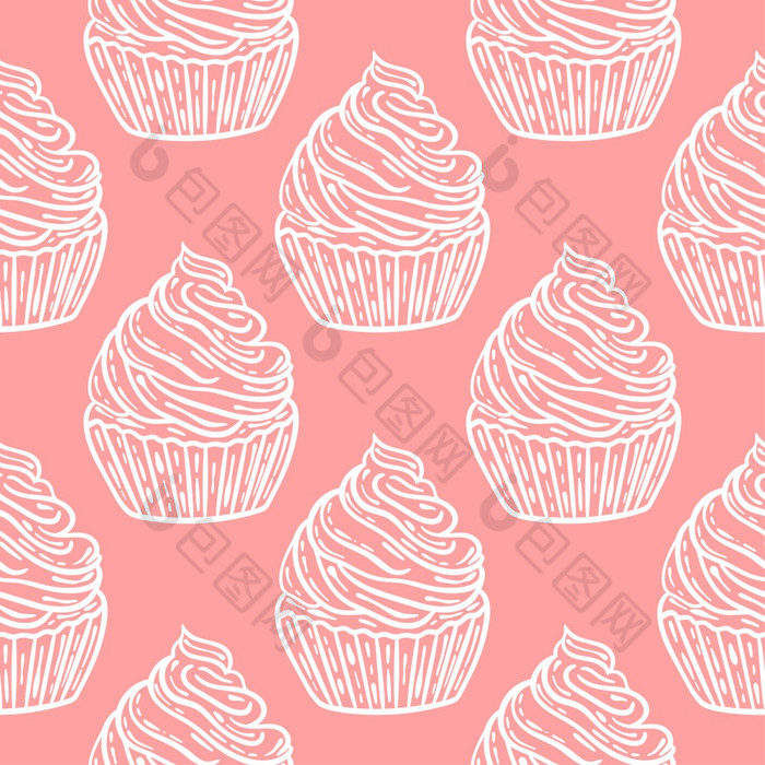 白色蛋糕粉红色的背景无缝的模式精致的背景与美味的糕点模板为设计糖果包装和纸向量插图白色蛋糕粉红色的背景无缝的模式