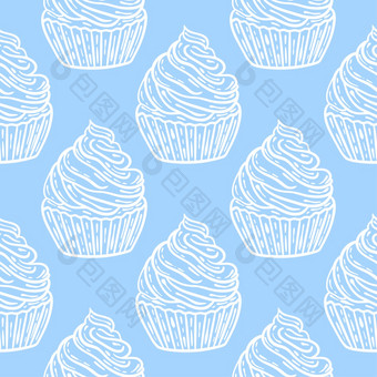 白色蛋糕蓝色的天空背景无缝的模式柔和的糕点背景与奶油向量插图模型为织物壁纸包装和设计白色蛋糕蓝色的天空背景无缝的模式