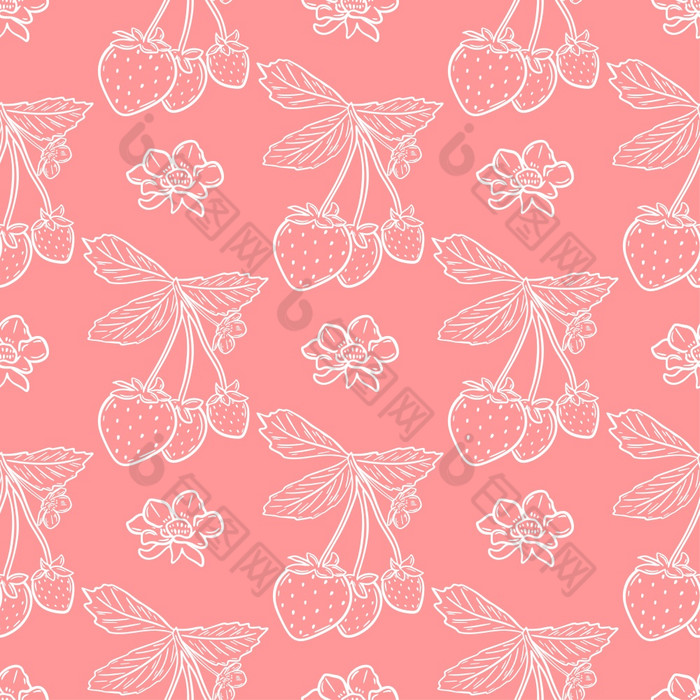 白色草莓粉红色的背景无缝的模式浆果背景为织物纸和壁纸模板与浆果花和叶子向量插图白色草莓粉红色的背景无缝的模式