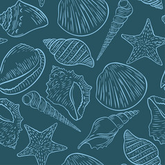 贝壳无缝的模式蓝色的背景与草图蛤和海贝壳美丽的水下模板为织物纸壁纸和包装设计向量插图蓝色的背景与草图蛤和海贝壳
