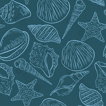 贝壳无缝的模式蓝色的背景与草图蛤和海贝壳美丽的水下模板为织物纸壁纸和包装设计向量插图蓝色的背景与草图蛤和海贝壳