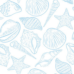 无缝的海洋模式与贝壳向量插图海洋温柔的背景蓝色的蛤白色背景模板为壁纸织物和纸无缝的海洋模式与贝壳向量插图