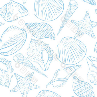 无缝的海洋模式与贝壳向量插图海洋温柔的背景蓝色的蛤白色背景模板为壁纸织物和纸无缝的海洋模式与贝壳向量插图
