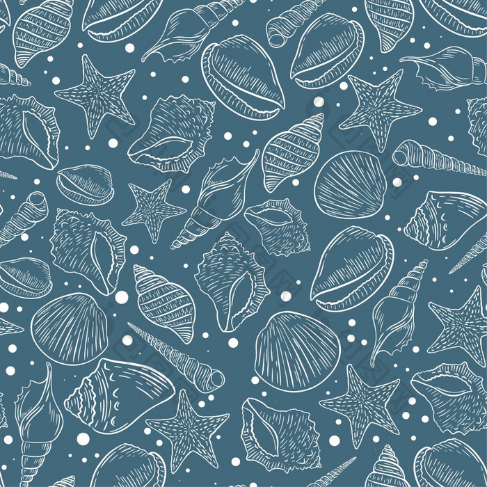 海深渊与海贝无缝的模式背景白色轮廓海洋软体动物蓝色的背景模板为织物包装壁纸和设计向量插图海深渊与海贝无缝的模式