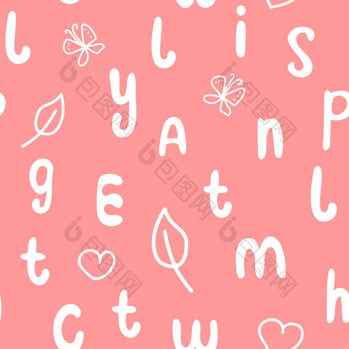 白色信粉红色的背景无缝的模式孩子背景与英语字母模型设计婴儿项目为学习模板为纸向量插图