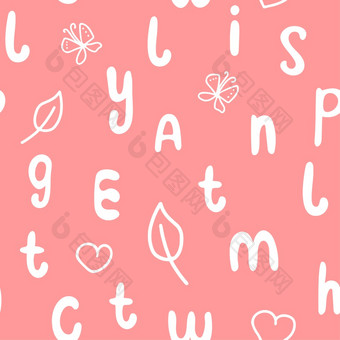 白色信粉红色的背景无缝的模式孩子背景与英语字母模型设计婴儿项目为学习模板为纸向量插图