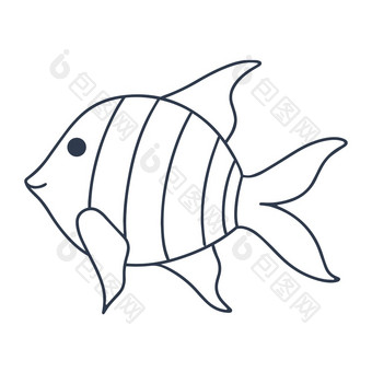 种类可爱的条纹鱼涂鸦风格孤立的海河鱼黑色的大纲白色背景水下海洋居民着色页面婴儿字符向量插图种类可爱的条纹鱼涂鸦风格