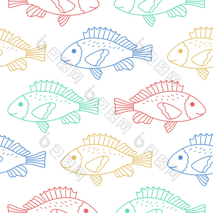 彩色的鱼无缝的婴儿模式可爱的色彩斑斓的孩子背景与海洋水下居民模型为孩子们的事情和对象模板为壁纸纺织和包装向量涂鸦插图彩色的鱼无缝的婴儿模式