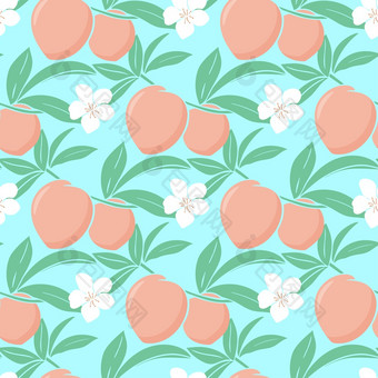 多汁的桃子和花无缝的夏天模式美丽的重复背景与<strong>水果</strong>树叶和花朵打印为壁纸纺织<strong>包装设计</strong>模板热带异国情调的油桃向量插图多汁的桃子和花无缝的夏天模式