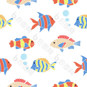 颜色鱼无缝的模式向量婴儿海底背景字符游泳打印为孩子们设计模板海洋海洋水下生活涂鸦风格颜色鱼无缝的模式向量