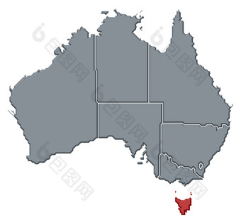 地图澳大利亚塔斯马尼亚突出显示政治地图澳大利亚与的几个州在哪里塔斯马尼亚突出显示