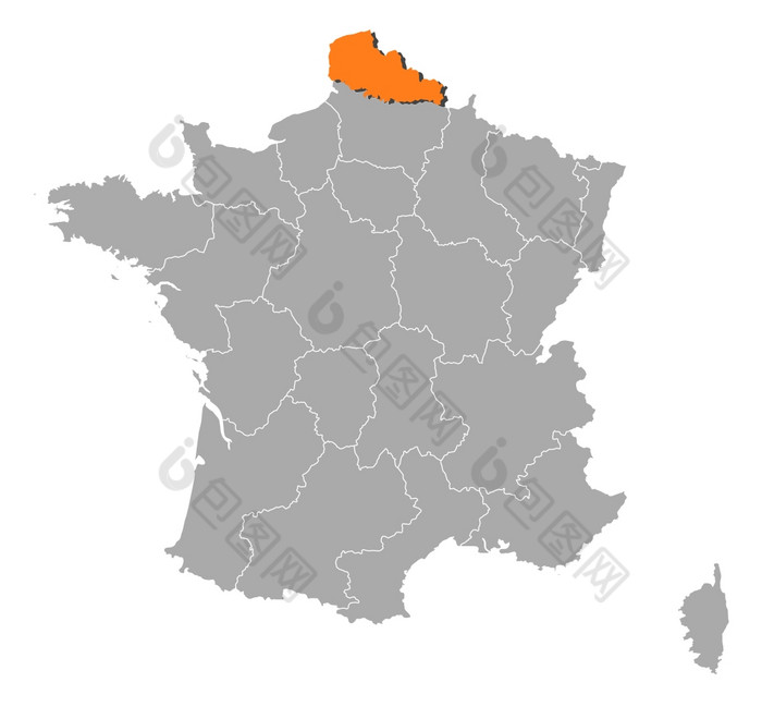 地图法国Nord-Pas-de-Calais突出显示政治地图法国与的几个地区在哪里Nord-Pas-de-Calais突出显示