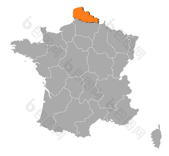 地图法国Nord-Pas-de-Calais突出显示政治地图法国与的几个地区在哪里Nord-Pas-de-Calais突出显示