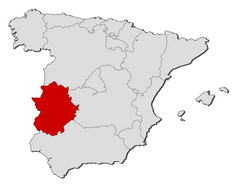 地图西班牙埃斯特雷马杜突出显示政治地图西班牙与的几个地区在哪里埃斯特雷马杜突出显示