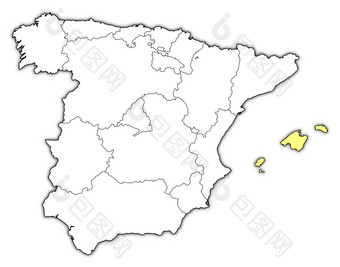 地图西班牙巴利阿里群岛岛屿突出显示政治地图西班牙与的几个地区在哪里的巴利阿里群岛岛屿是突出显示