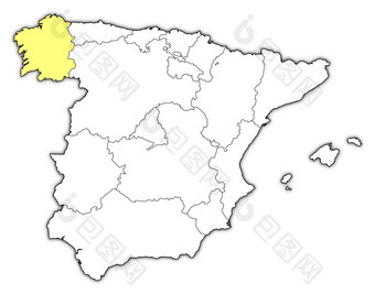 地图西班牙<strong>加利西亚</strong>突出显示政治地图西班牙与的几个地区在哪里<strong>加利西亚</strong>突出显示