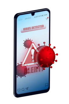 概念智能手机与报警消息关于病毒感染设备危险黑客移动设备孤立的向量白色背景
