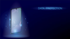 发光的智能手机在线概念保护个人数据的网络移动安全向量黑暗蓝色的横幅模板