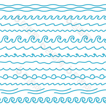 无缝的波浪行边界光滑的曲线形状软和扭曲的和螺旋元素水表面符号蓝色的波浪线海洋摘要简单的符号最小的阿卡点缀向量孤立的集无缝的波浪行边界光滑的曲线形状软和扭曲的和螺旋元素水表面符号蓝色的波浪线海洋摘要符号图片