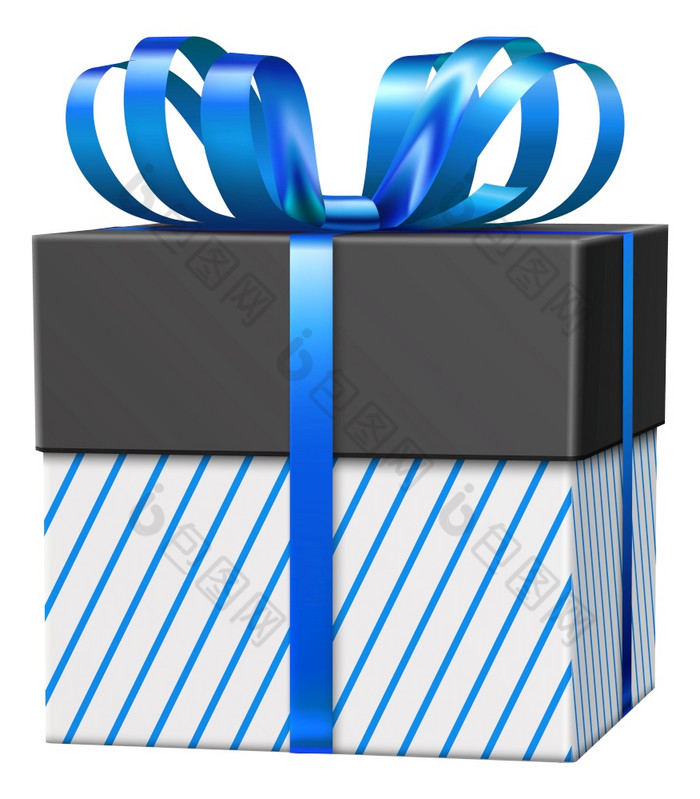 节日黑色的礼物盒子现实的蓝色的条纹包装纸与装饰弓孤立的白色背景节日黑色的礼物盒子现实的蓝色的条纹包装纸与装饰弓