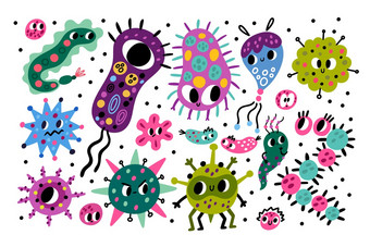 可爱的细菌字符有趣的卡通细菌颜色病毒和微生物不同的形状有害的和有用的寄生生物生物学和化学科学向量涂鸦风格孤立的集可爱的细菌字符有趣的卡通细菌颜色病毒和微生物不同的形状有害的和有用的寄生生物生物学和化学图片