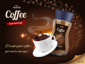 即时咖啡广告现实的作文与包装和新鲜酿造杯的向量插图咖啡广告现实的作文