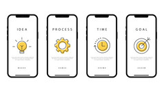 业务策略循序渐进的计划为业务智能手机的想法过程时间和目的向量插图