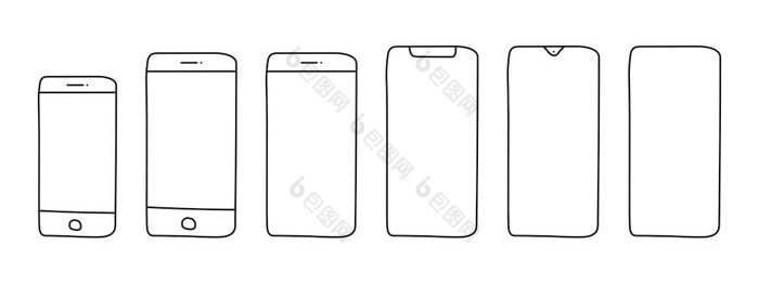 智能手机原型集手绘智能手机移动手机前景向量插图